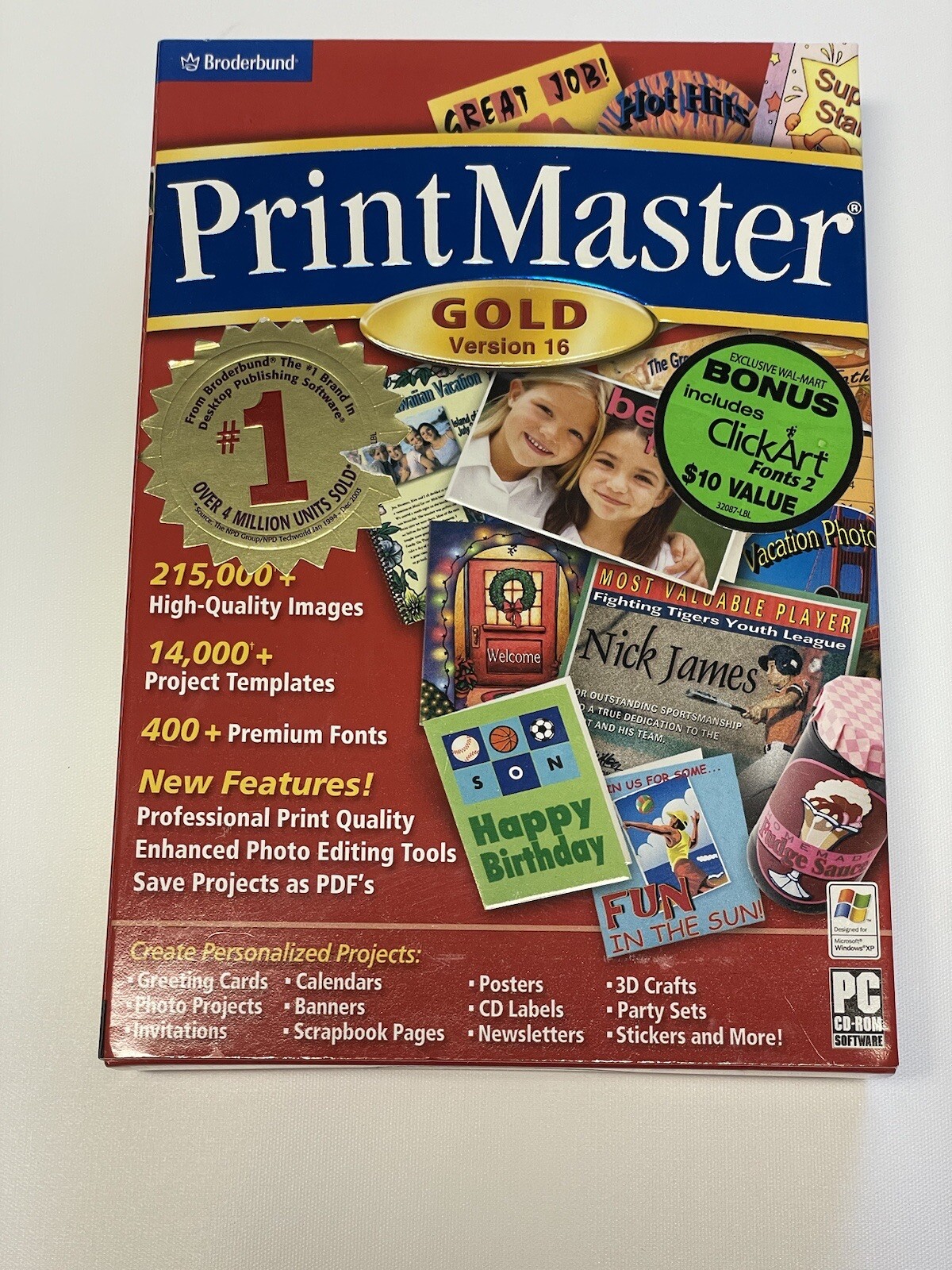 Broderbund PrintMaster Gold 16 + Bonus Click Art Fonts 2. PC CD (Very Good)