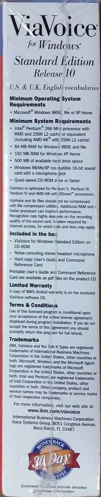 NEW IBM ViaVoice for Windows Release 10 Std Ed, w/ Stereo Headset Mic, CD