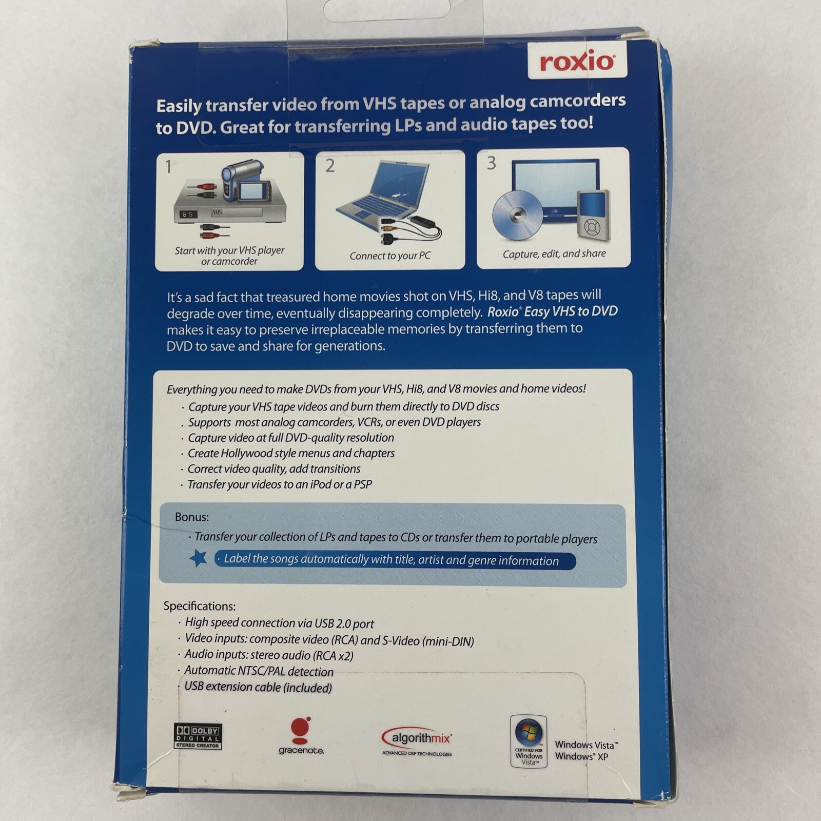 ROXIO Easy VHS to DVD for Windows Vista/XP 242500WM Sealed