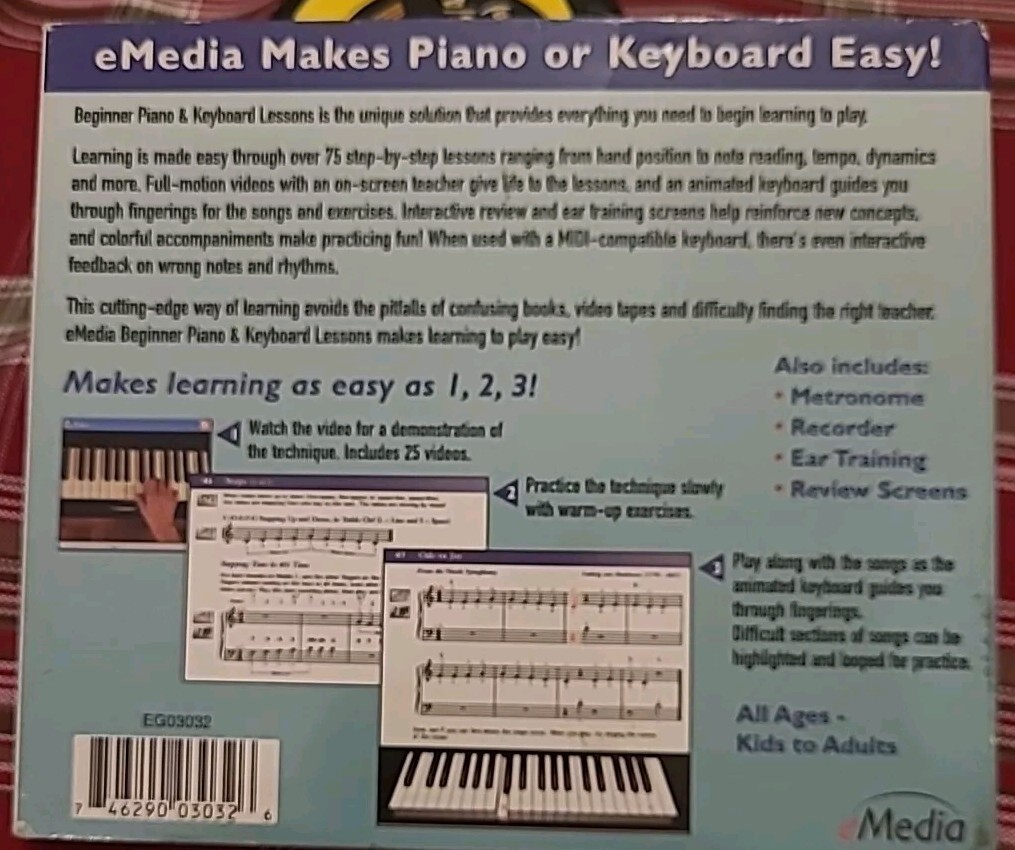 Beginner Piano and Keyboard Lessons CD-Rom ba,y eMedia for Windows Or Mac