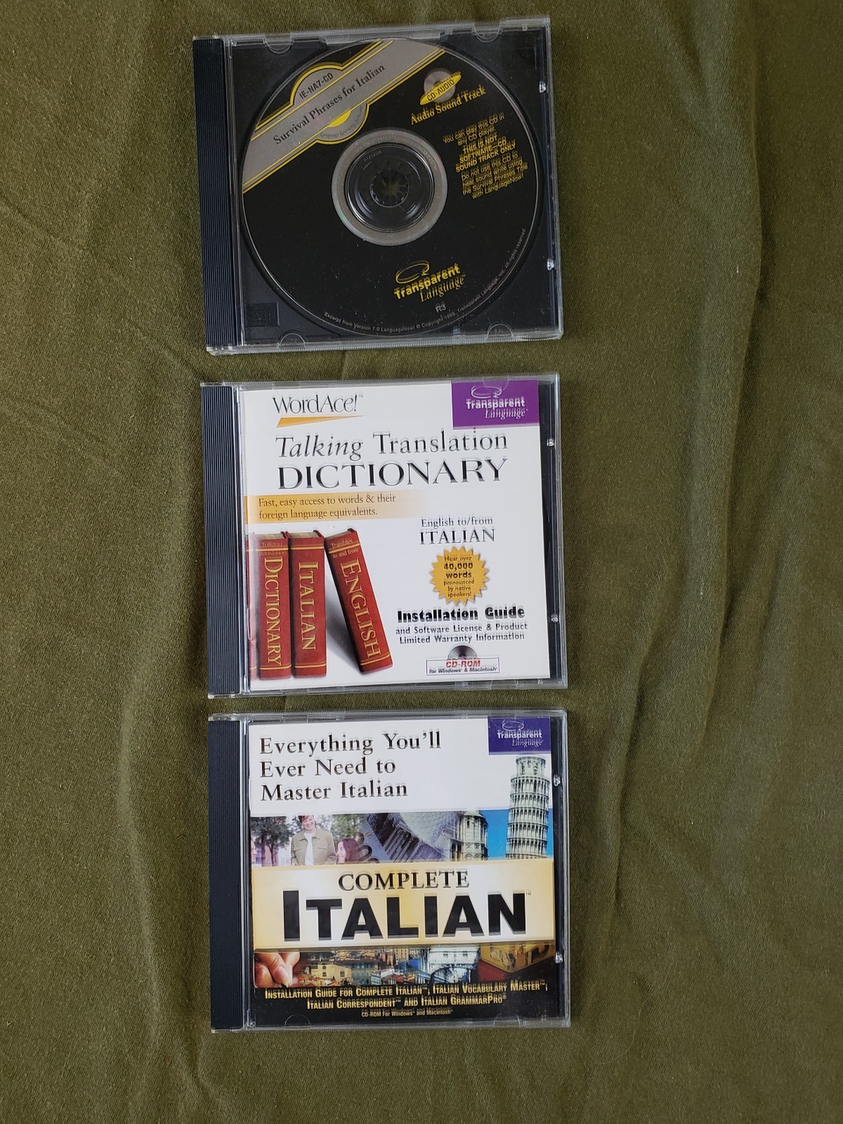 3 Disc ITALIAN Lot-Transparent Language-1 CD Ital Phrases-2 ea Ital Tutor CD ROM