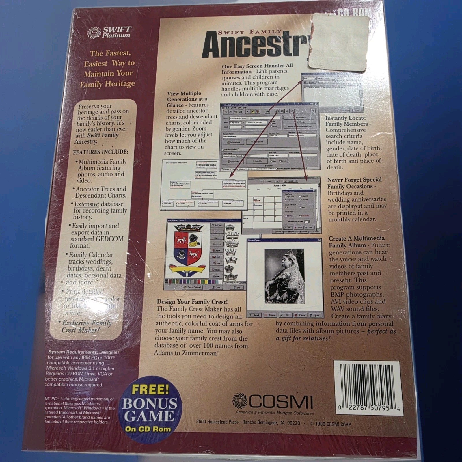Swift Family Ancestry Genealogy Software CD-ROM NEW Sealed Windows 95 3.1 Vintag