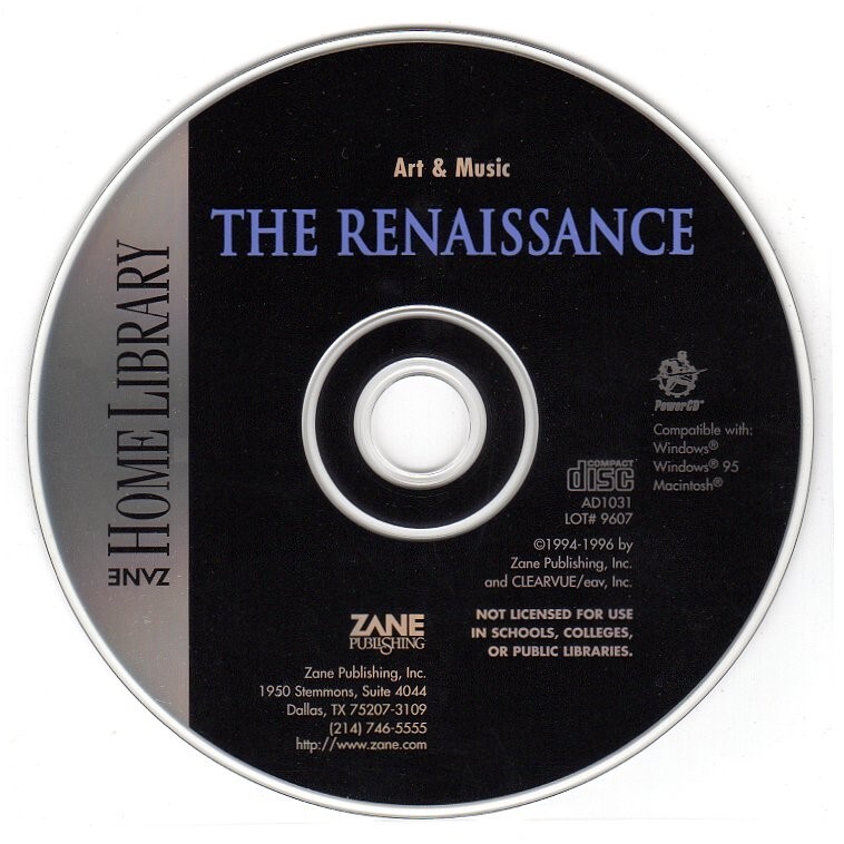Zane: Art & Music: The Renaissance CD-ROM for Win/Mac – NEW CD in SLEEVE