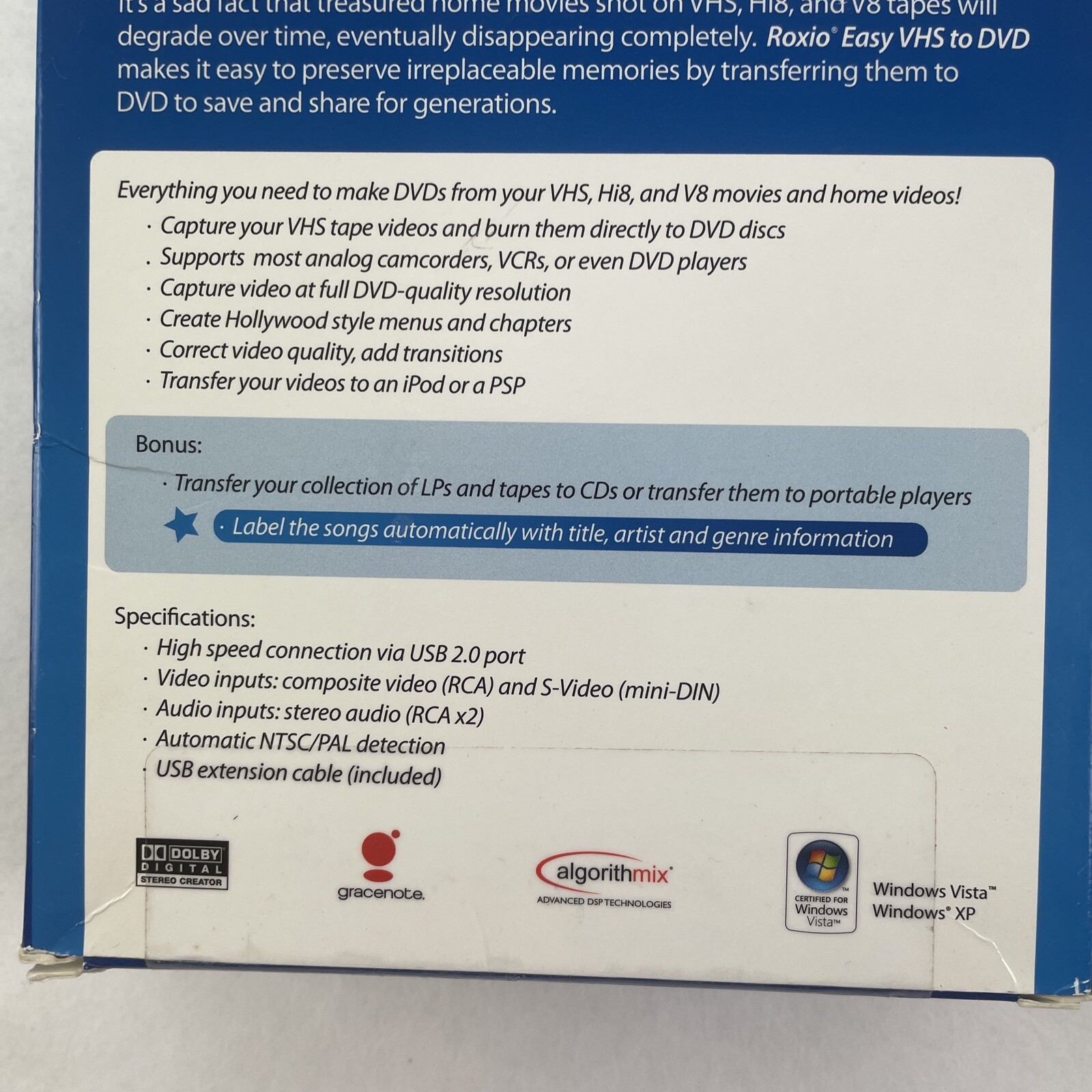 ROXIO Easy VHS to DVD for Windows Vista/XP 242500WM Sealed