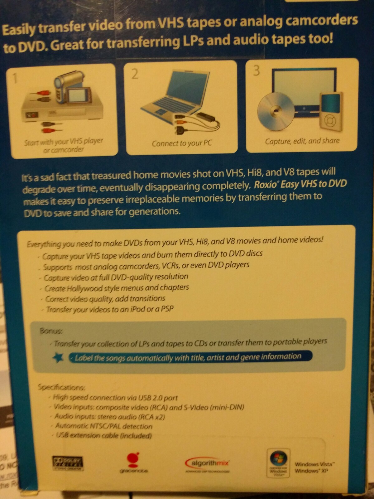 Roxio Easy VHS to DVD for Windows Create DVD Movies from VHS, Hi8 & V8