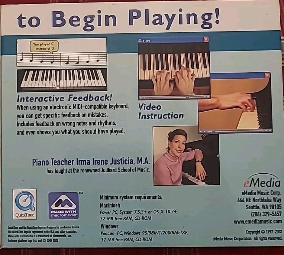 Beginner Piano and Keyboard Lessons CD-Rom ba,y eMedia for Windows Or Mac
