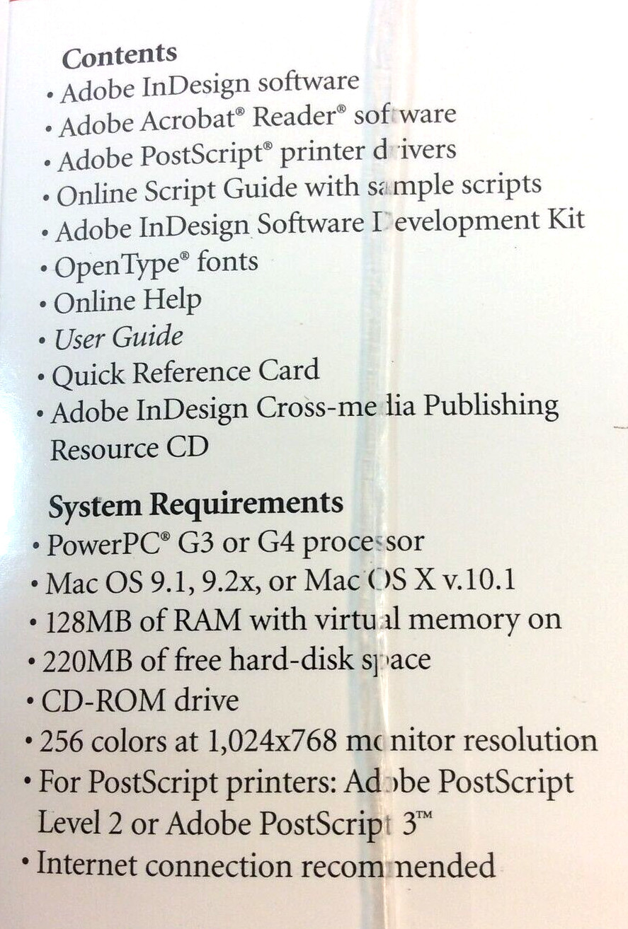ADOBE InDesign 2.0 Sealed Box Set for MAC with Serial Numbers/Stickers etc.