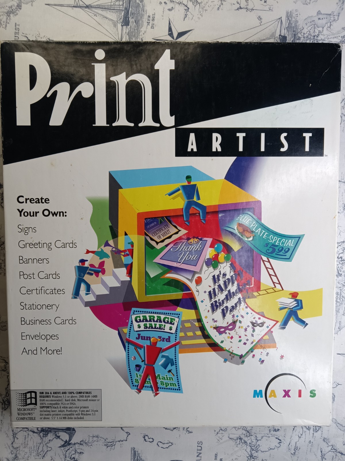 Maxis Print Artist 1994 Windows 3.1 3.5″ Floppy Big Box Software