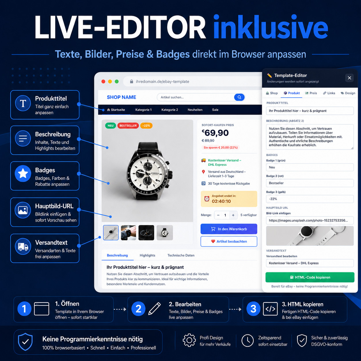 eBay Template 2026 HTML Template Mobile Responsive Auction Template & Live Editor