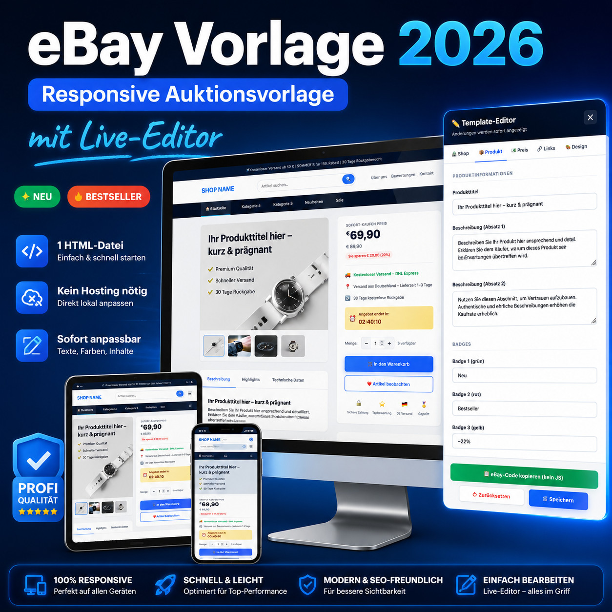 eBay Template 2026 HTML Template Mobile Responsive Auction Template & Live Editor