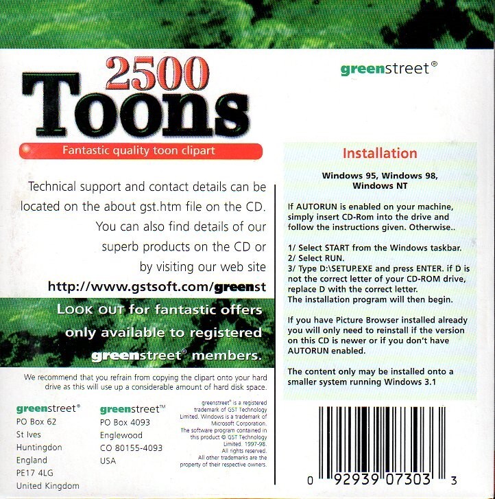2500 Toons (PC-CD, 1999) for Windows 3.1/95/98/NT – NEW CD in SLEEVE