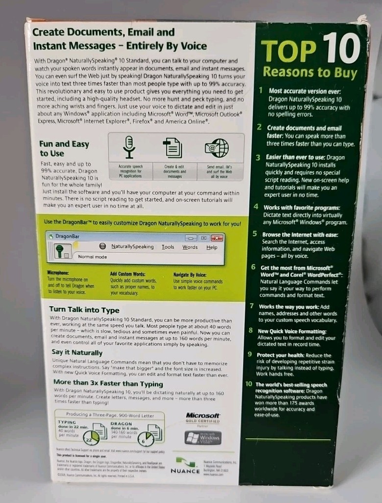 NUANCE DRAGON NATURALLY SPEAKING STANDARD EDITION 10 SPEECH RECOGNITION NEW SEAL