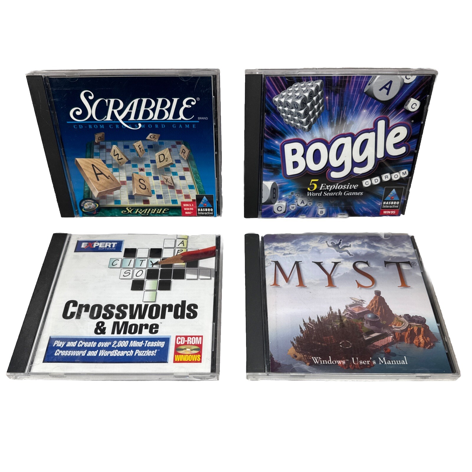 PC CD Rom Word Games Lot Boggle Scrabble Crosswords & Myst Windows Hasbro Bundle