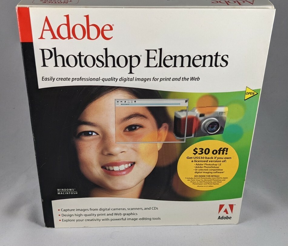 Adobe Photoshop Elements 1.0 Complete with Sealed User Manual & Adobe PDF 5.0