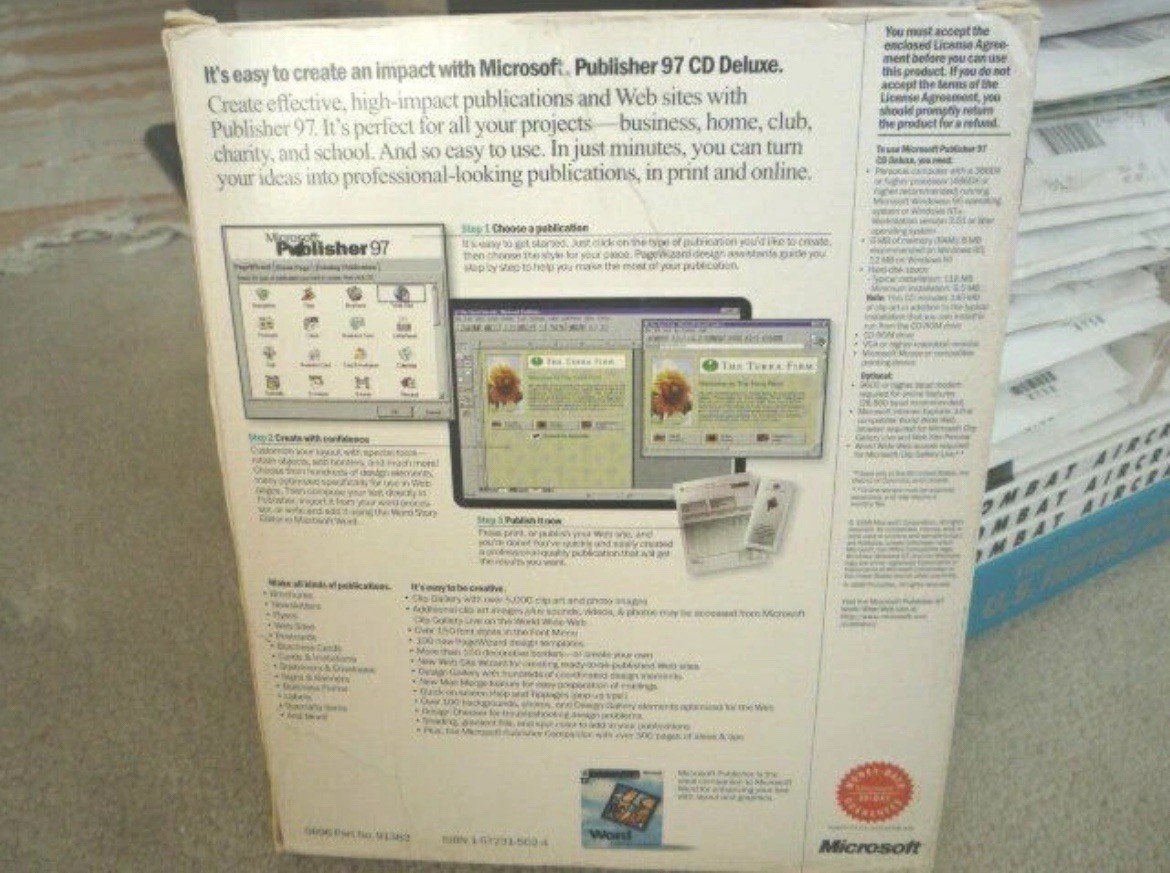 Vintage Microsoft Publisher 97 CD Deluxe Big Box with CD Key