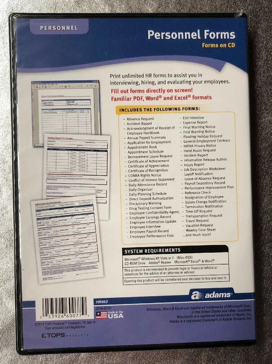Adams Personal Forms and Employment Agreements on CD, (HR453) Made In USA