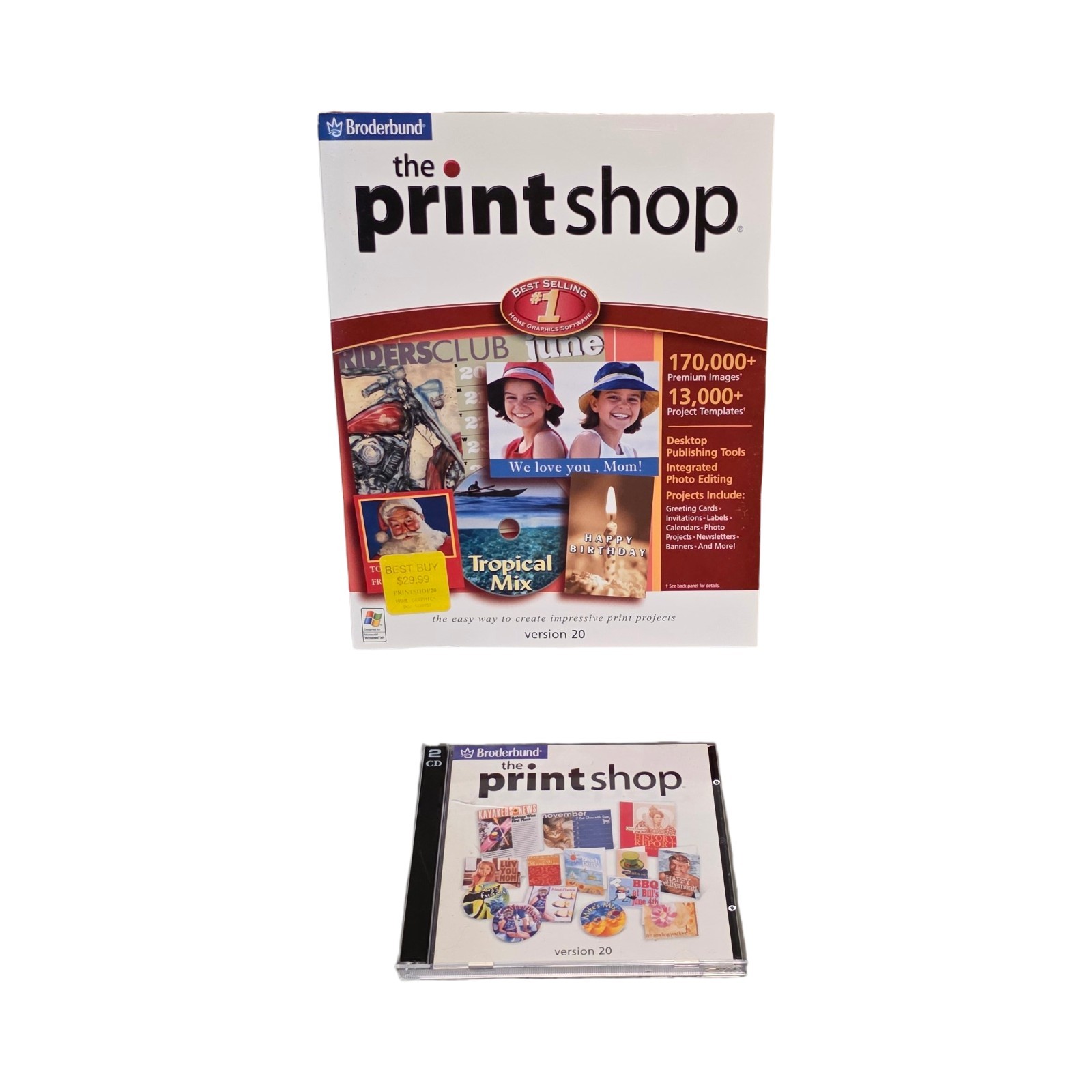 VINTAGE THE PRINT SHOP 20 SOFTWARE BY BRODERBUND ~ 2 CD-ROM SET W/ ORIGINAL BOX!