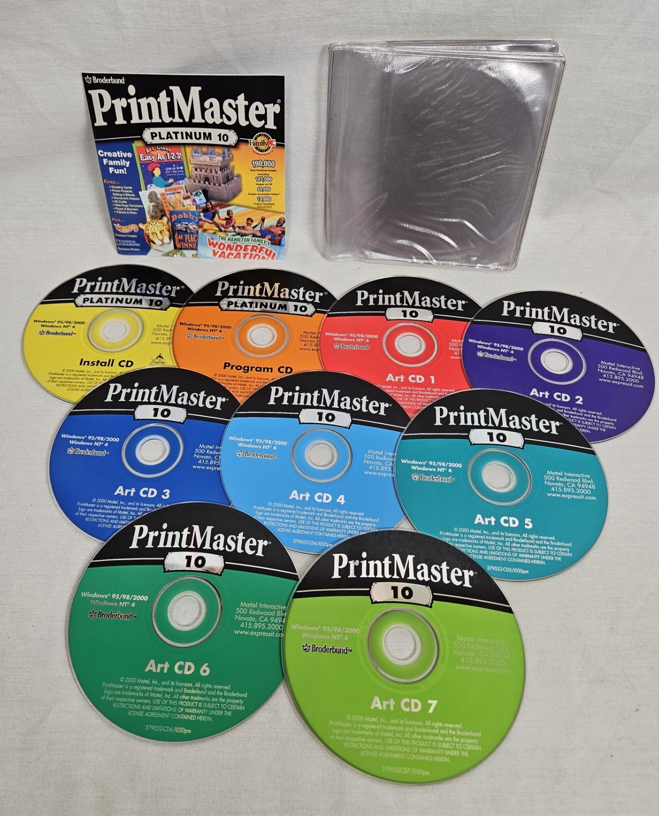 BRODERBUND Publishing Software (9) CDs: PRINTMASTER PLATINUM 10 – Win95/98/2000