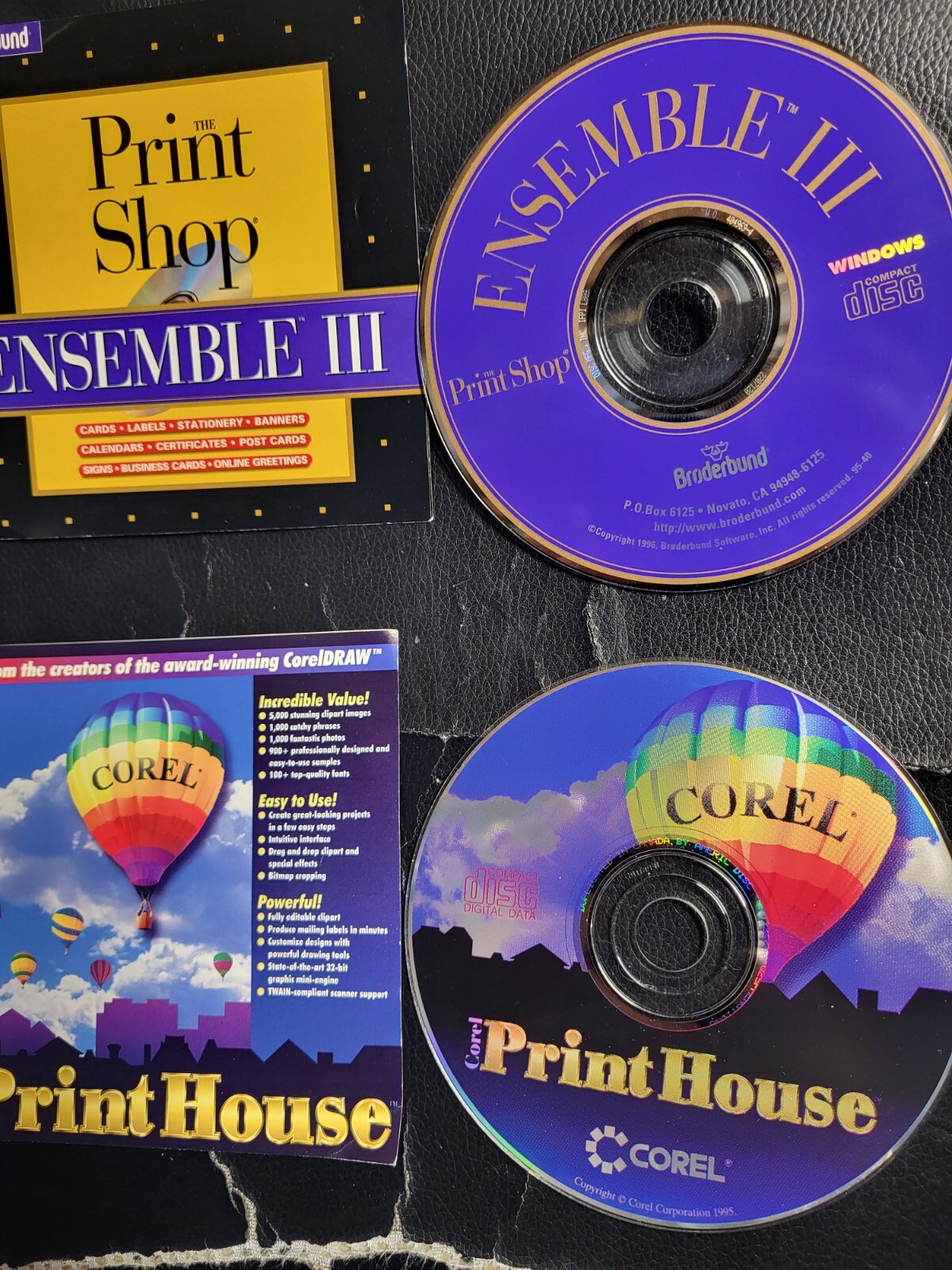 LOT OF 4 PRINT SOFTWARE PC: ENSEMBLE III + COREL PRINT SHOP+CARD + CLIP ART