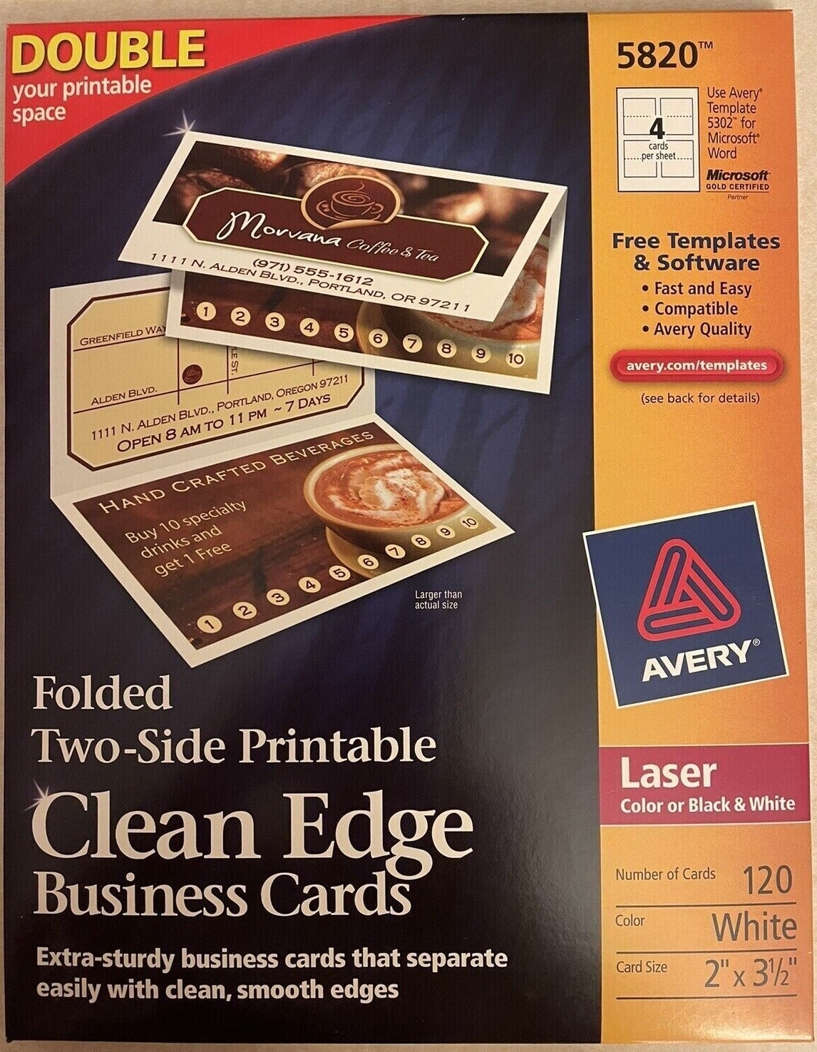 Business Cards | Avery | Folded Double 2-Sided | 5820 | 120 cnt. | 2”x3.5 | NOS