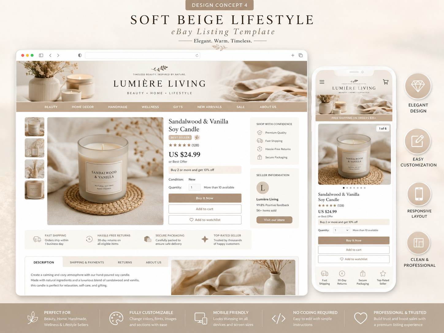 eBay Shop Template 2026 Lumiere Living Shop HTML Template Responsive + Editor