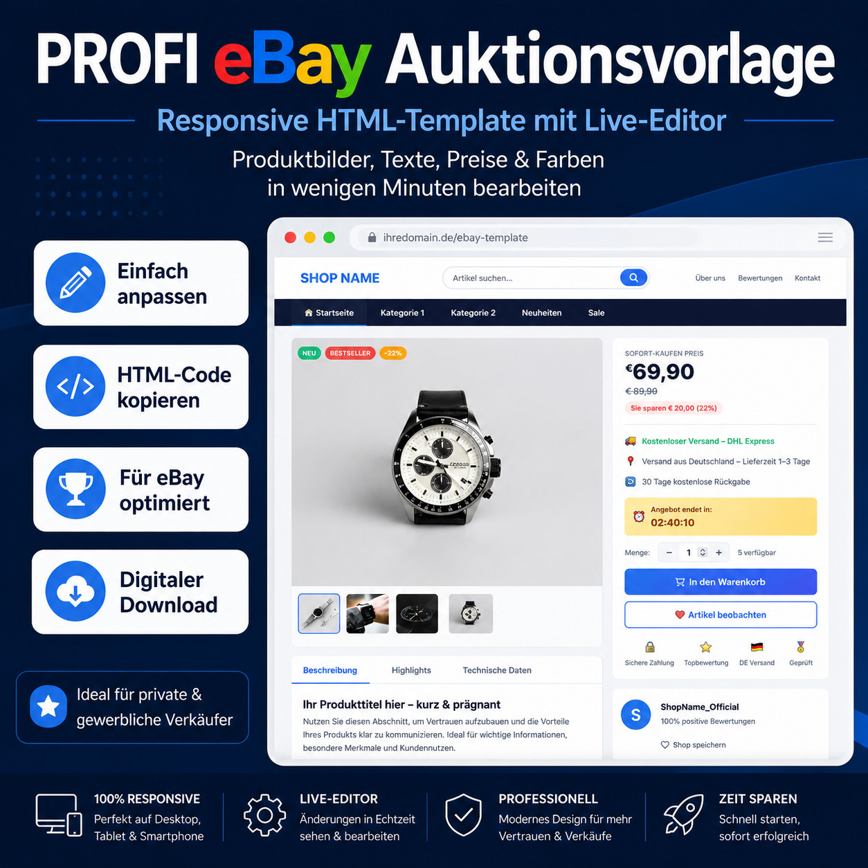 eBay Template 2026 HTML Template Mobile Responsive Auction Template & Live Editor