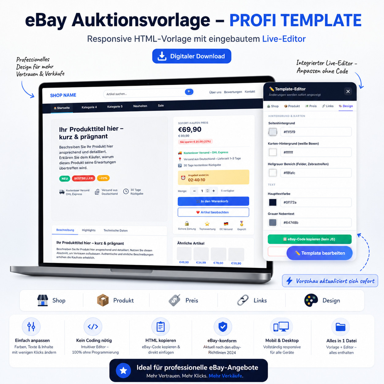eBay Template 2026 Dark Luxury HTML Template Responsive Auction Template + Editor