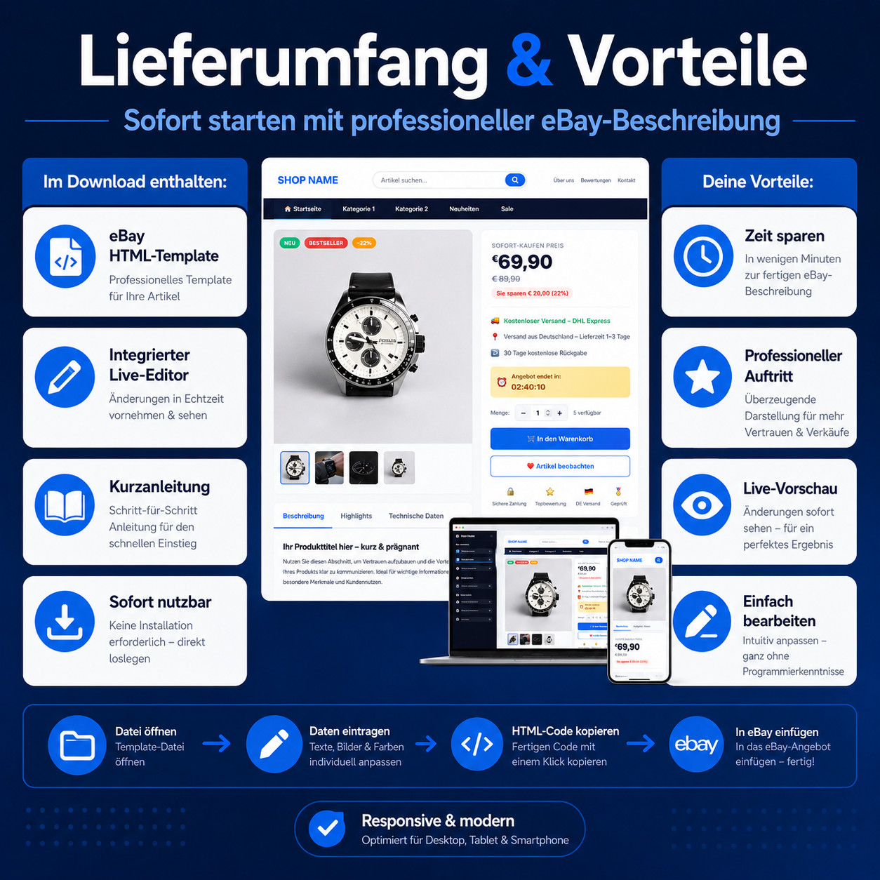 eBay Template 2026 HTML Template Mobile Responsive Auction Template & Live Editor
