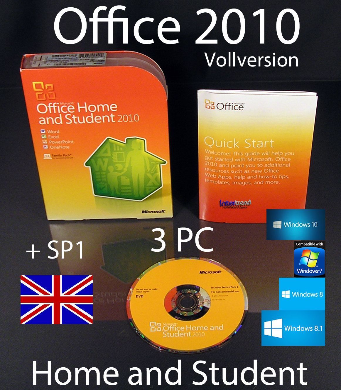 Microsoft Office Home and Student 2010 Englisch Vollversion 3 PC Box, DVD + SP1