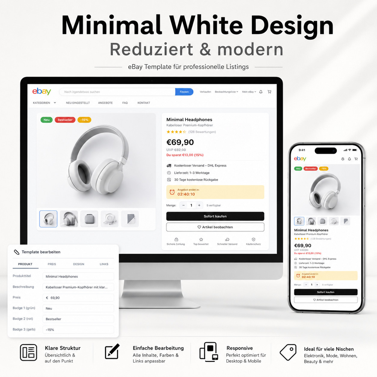 eBay Template 2026 Minimal White HTML Template Responsive Auction Volume + Editor