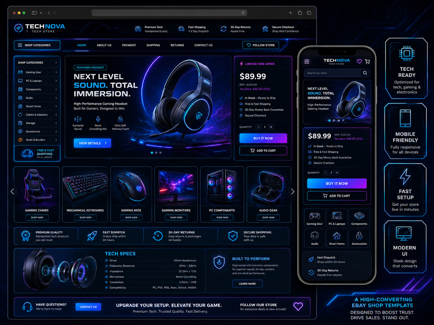 eBay Store Template 2026 Tech Nova Shop HTML Template Responsive + Editor