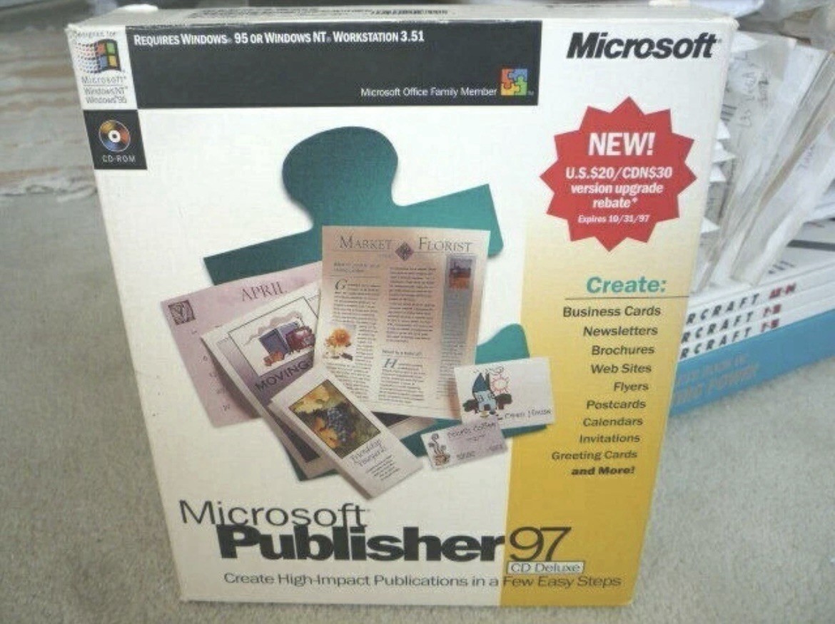 Vintage Microsoft Publisher 97 CD Deluxe Big Box with CD Key