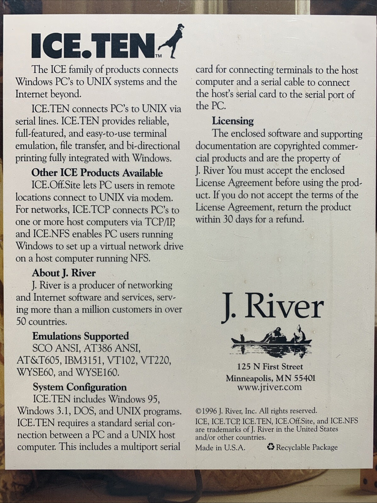 J. River ICE.TCP Microsoft TCP/IP Vintage Software 1996 Windows 95/3.1 Ver 4.2