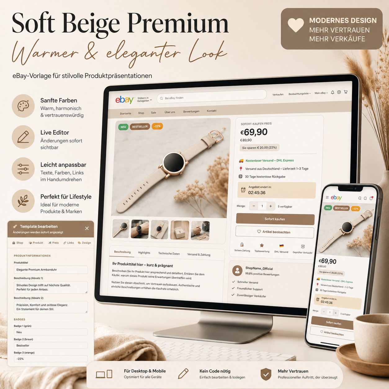 eBay Template 2026 Soft Beige HTML Template Responsive Auction Template + Editor