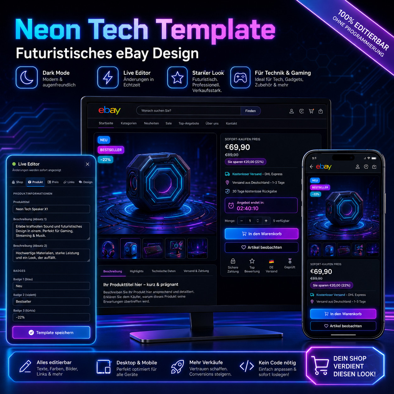 eBay Template 2026 Neon Tech HTML Template Responsive Auction Template + Editor