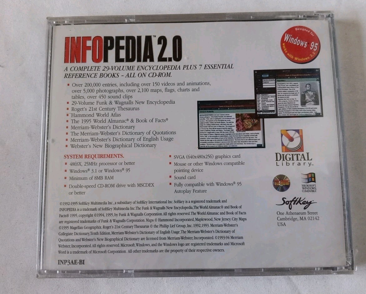 INFOPEDIA 2.0 CD-ROM FOR WINDOWS, 1995 FOR WINDOWS 95, AND 3.1, NEW / SEALED