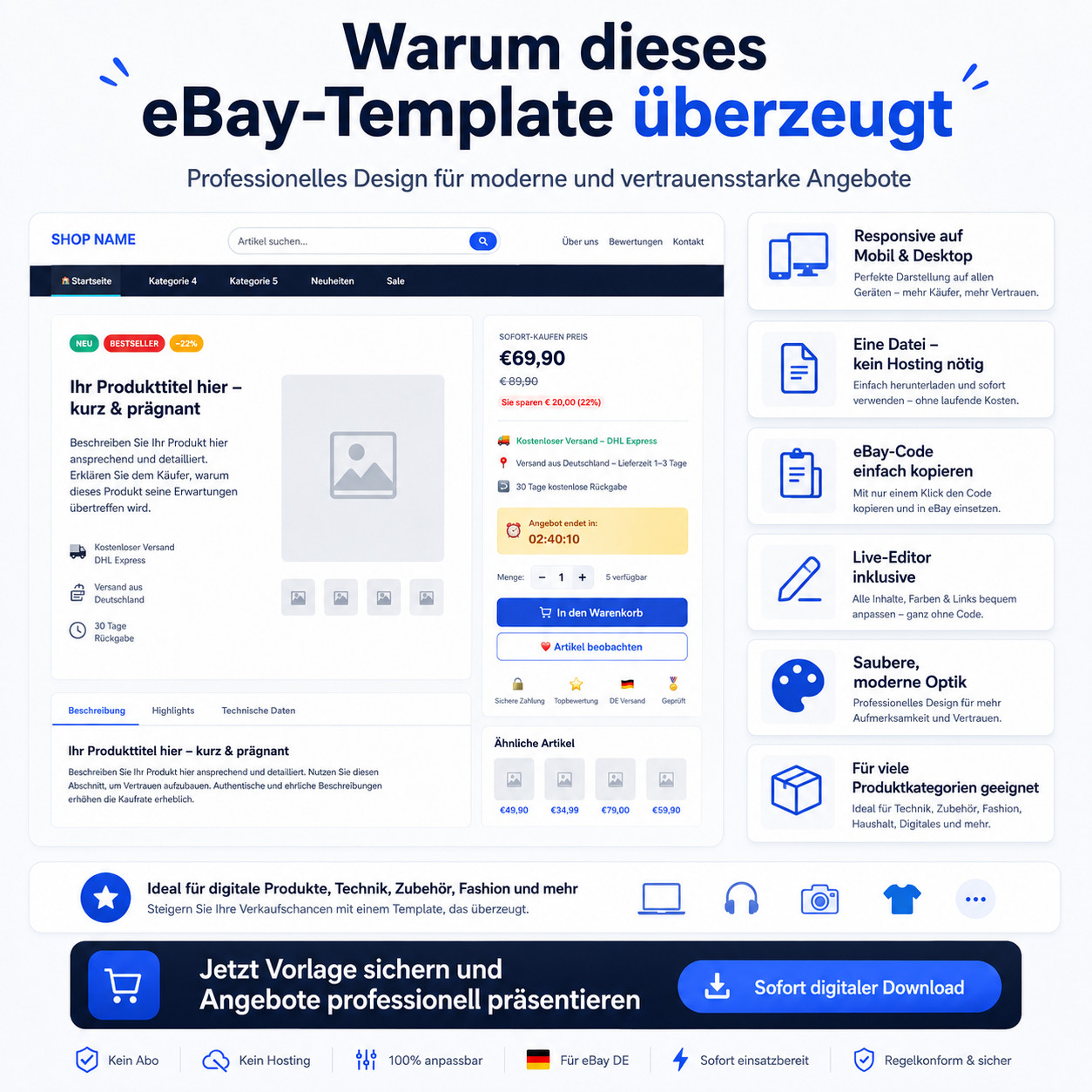 eBay Template 2026 Dark Luxury HTML Template Responsive Auction Template + Editor
