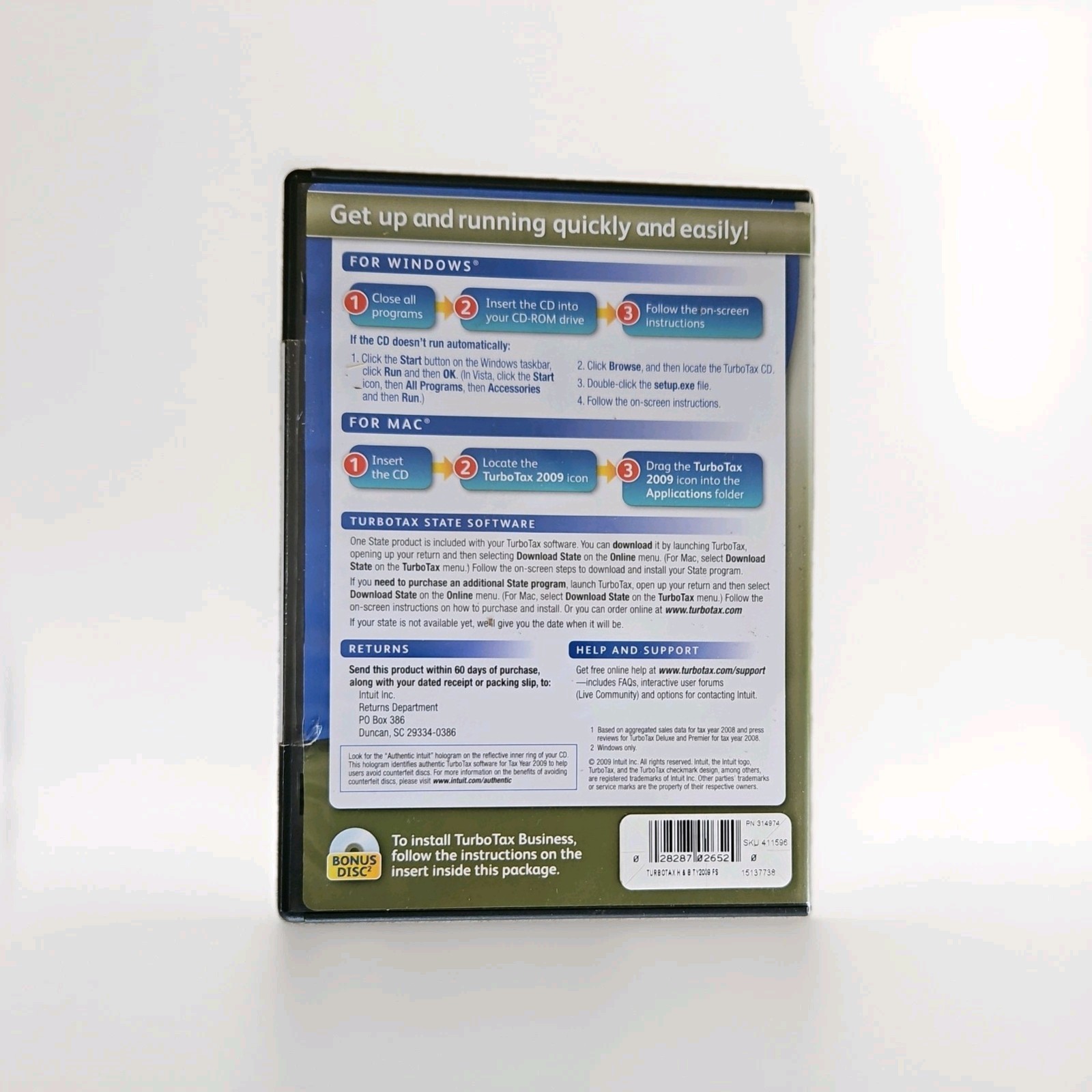 Intuit TURBO TAX 2009 HOME & BUSINESS FEDERAL & STATE RETURNS Turbotax + E-File